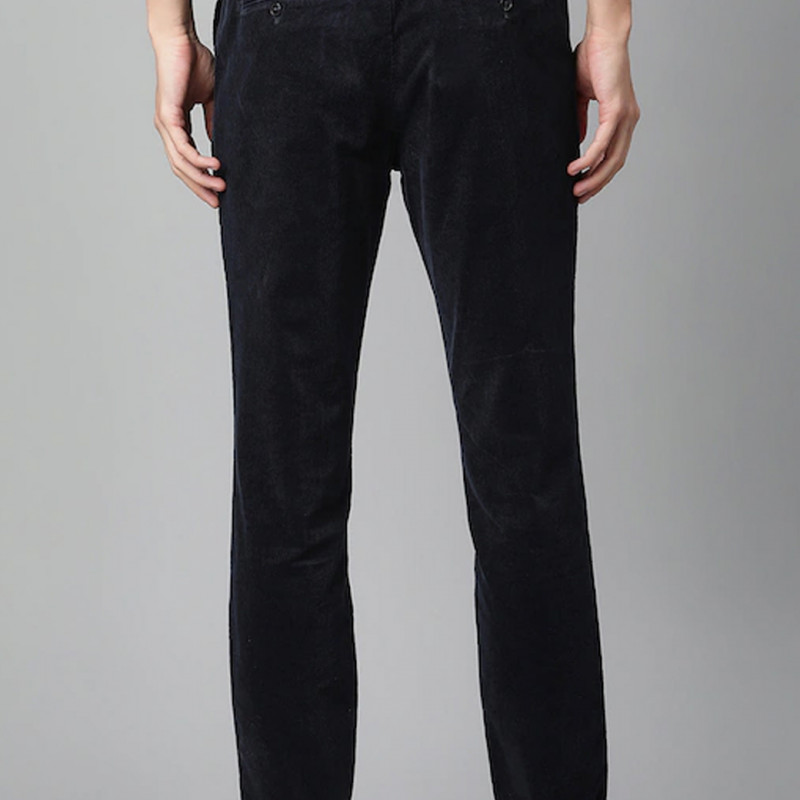 Men Navy Blue Mid Rise Trousers